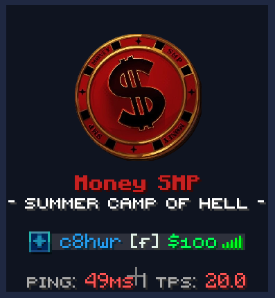 Custom 1:1 playerlist tab with Money SMP branding, balance and TPS